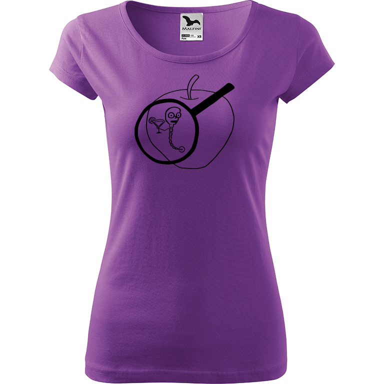 Ručně malované dámské triko Pure - Červ na jablku Velikost trička: XL, Barva trička: FIALOVÁ, Barva motivu: ČERNÁ