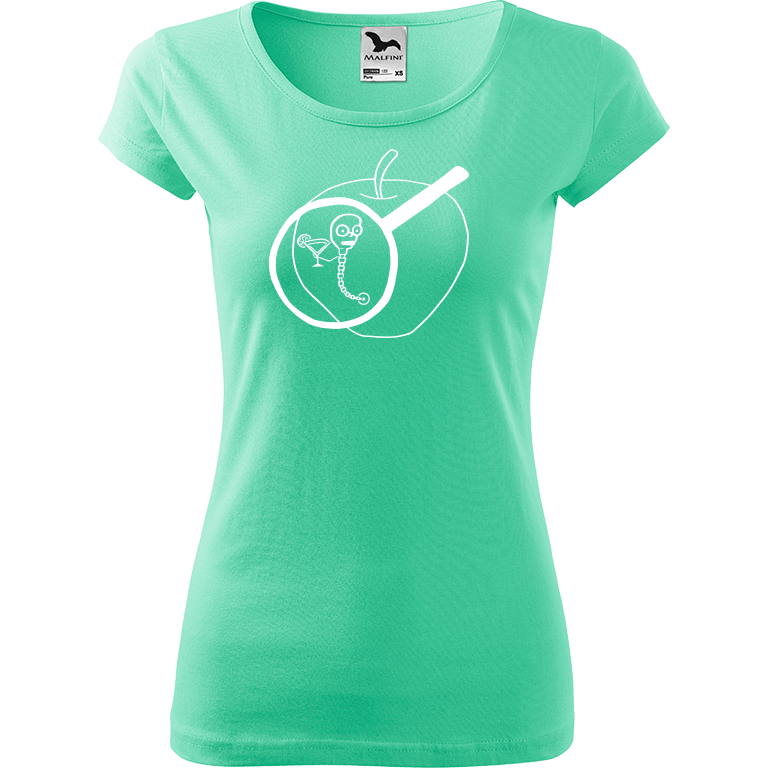 Ručně malované dámské triko Pure - Červ na jablku Velikost trička: XL, Barva trička: MÁTOVÁ, Barva motivu: BÍLÁ