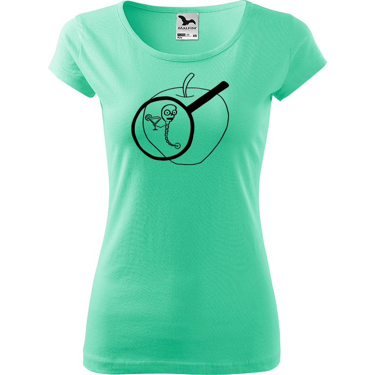 Ručně malované dámské triko Pure - Červ na jablku Velikost trička: XL, Barva trička: MÁTOVÁ, Barva motivu: ČERNÁ