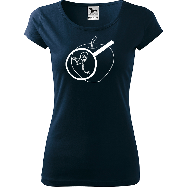 Ručně malované dámské triko Pure - Červ na jablku Velikost trička: XXL, Barva trička: NÁMOŘNICKÁ MODRÁ, Barva motivu: BÍLÁ