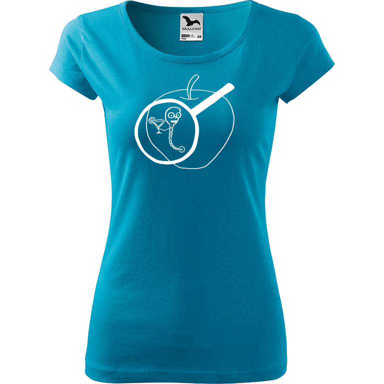 Ručně malované dámské triko Pure - Červ na jablku Velikost trička: XL, Barva trička: TYRKYSOVÁ, Barva motivu: BÍLÁ