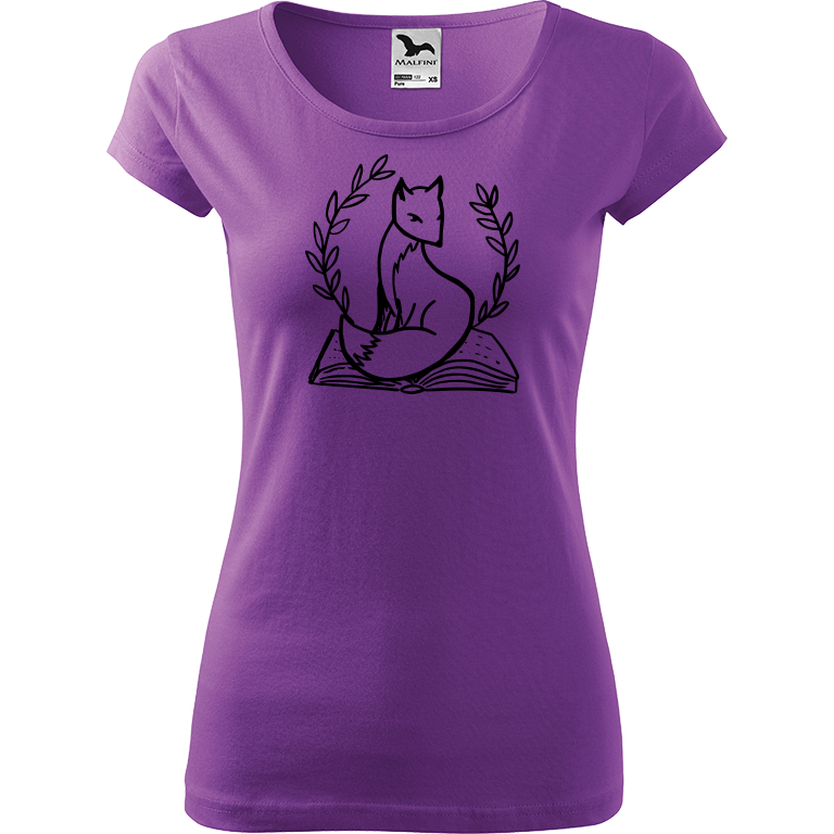 Ručně malované dámské triko Pure - Liška na knize Velikost trička: XL, Barva trička: FIALOVÁ, Barva motivu: ČERNÁ