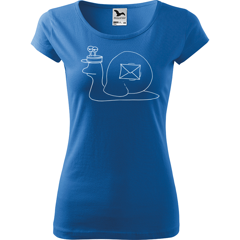 Ručně malované dámské triko Pure - Poštovní šnek Velikost trička: S, Barva trička: AZUROVÁ, Barva motivu: BÍLÁ