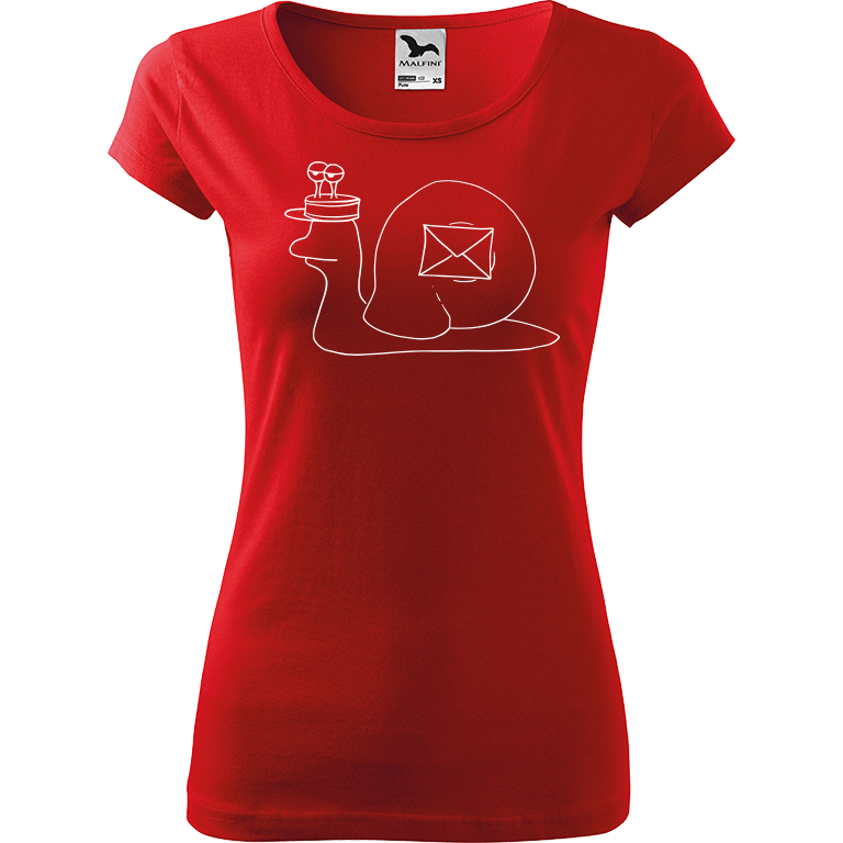 Ručně malované dámské triko Pure - Poštovní šnek Velikost trička: XL, Barva trička: ČERVENÁ, Barva motivu: BÍLÁ