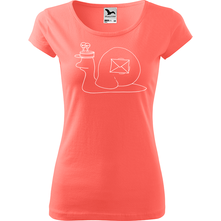 Ručně malované dámské triko Pure - Poštovní šnek Velikost trička: S, Barva trička: KORÁLOVÁ, Barva motivu: BÍLÁ