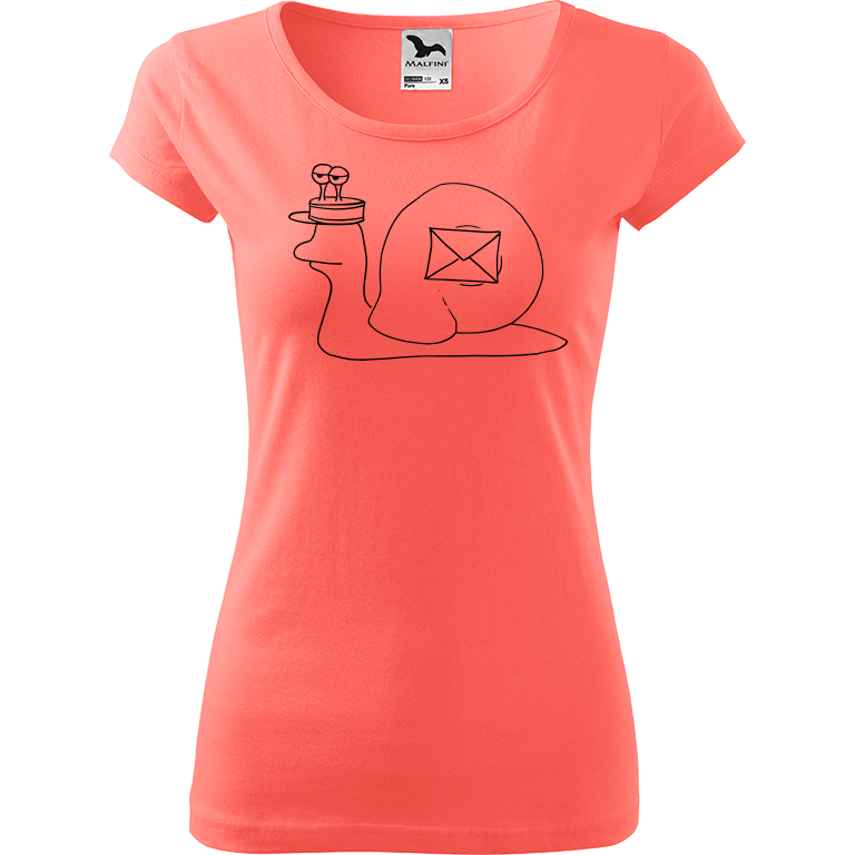 Ručně malované dámské triko Pure - Poštovní šnek Velikost trička: L, Barva trička: KORÁLOVÁ, Barva motivu: ČERNÁ