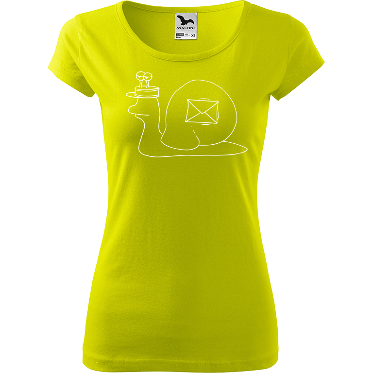 Ručně malované dámské triko Pure - Poštovní šnek Velikost trička: XL, Barva trička: LIMETKOVÁ, Barva motivu: BÍLÁ
