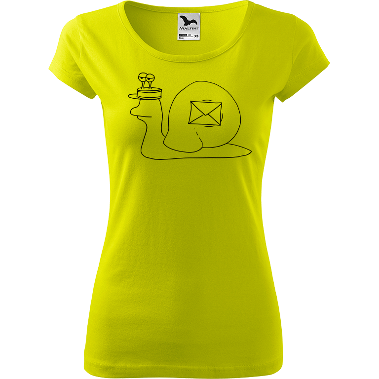 Ručně malované dámské triko Pure - Poštovní šnek Velikost trička: L, Barva trička: LIMETKOVÁ, Barva motivu: ČERNÁ
