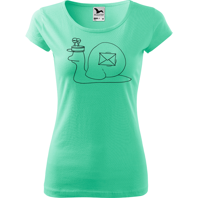 Ručně malované dámské triko Pure - Poštovní šnek Velikost trička: XL, Barva trička: MÁTOVÁ, Barva motivu: ČERNÁ