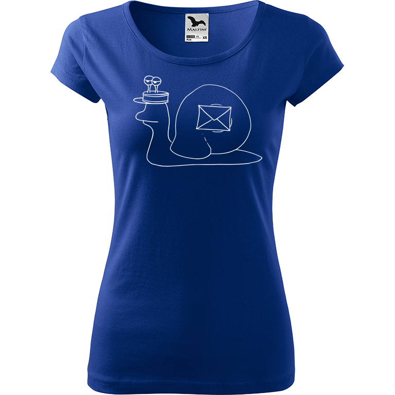 Ručně malované dámské triko Pure - Poštovní šnek Velikost trička: S, Barva trička: MODRÁ, Barva motivu: BÍLÁ