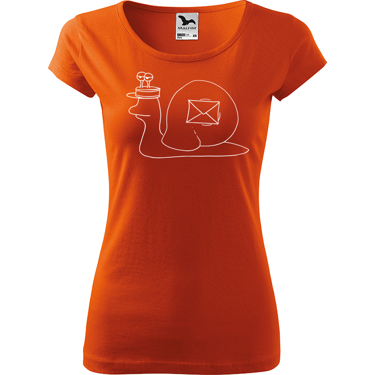 Ručně malované dámské triko Pure - Poštovní šnek Velikost trička: XL, Barva trička: ORANŽOVÁ, Barva motivu: BÍLÁ