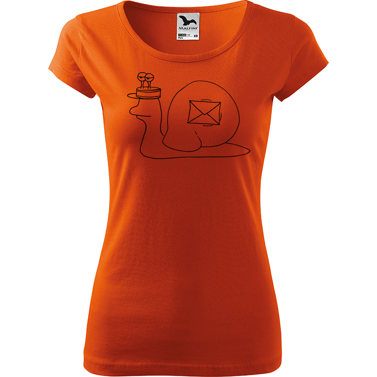 Ručně malované dámské triko Pure - Poštovní šnek Velikost trička: S, Barva trička: ORANŽOVÁ, Barva motivu: ČERNÁ