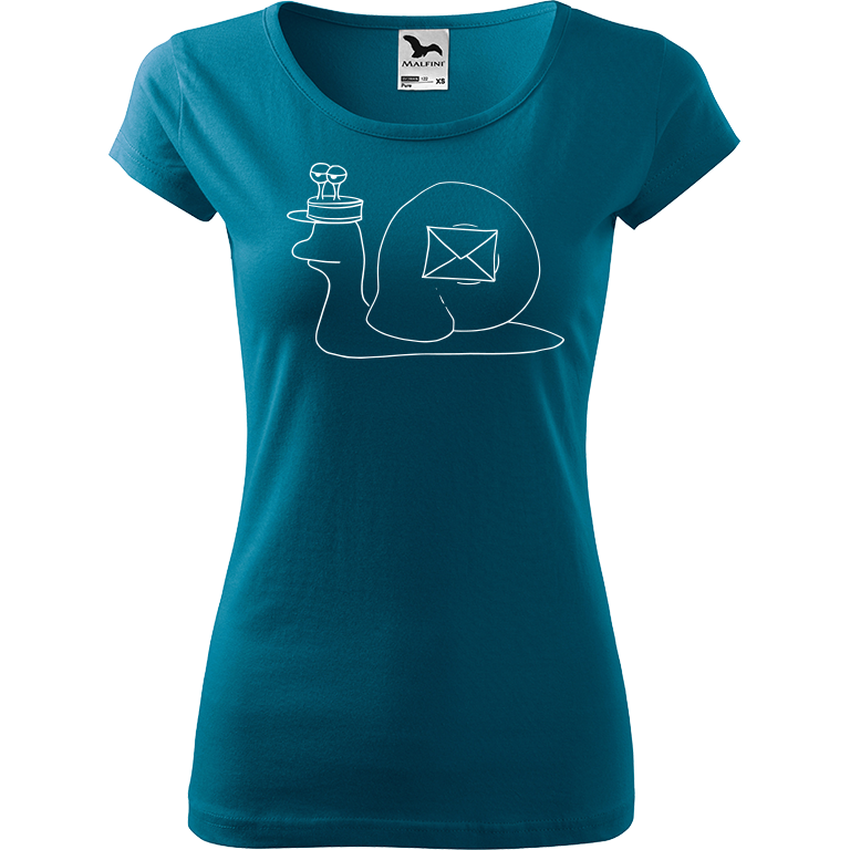 Ručně malované dámské triko Pure - Poštovní šnek Velikost trička: XL, Barva trička: PETROLEJOVÁ, Barva motivu: BÍLÁ