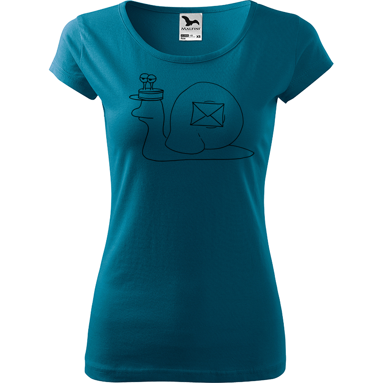 Ručně malované dámské triko Pure - Poštovní šnek Velikost trička: M, Barva trička: PETROLEJOVÁ, Barva motivu: ČERNÁ