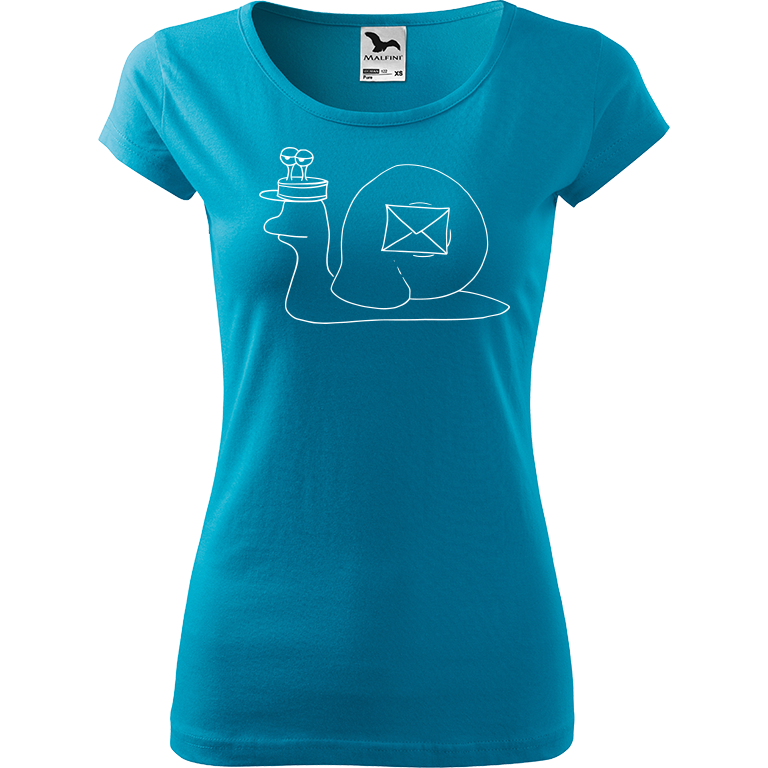 Ručně malované dámské triko Pure - Poštovní šnek Velikost trička: S, Barva trička: TYRKYSOVÁ, Barva motivu: BÍLÁ