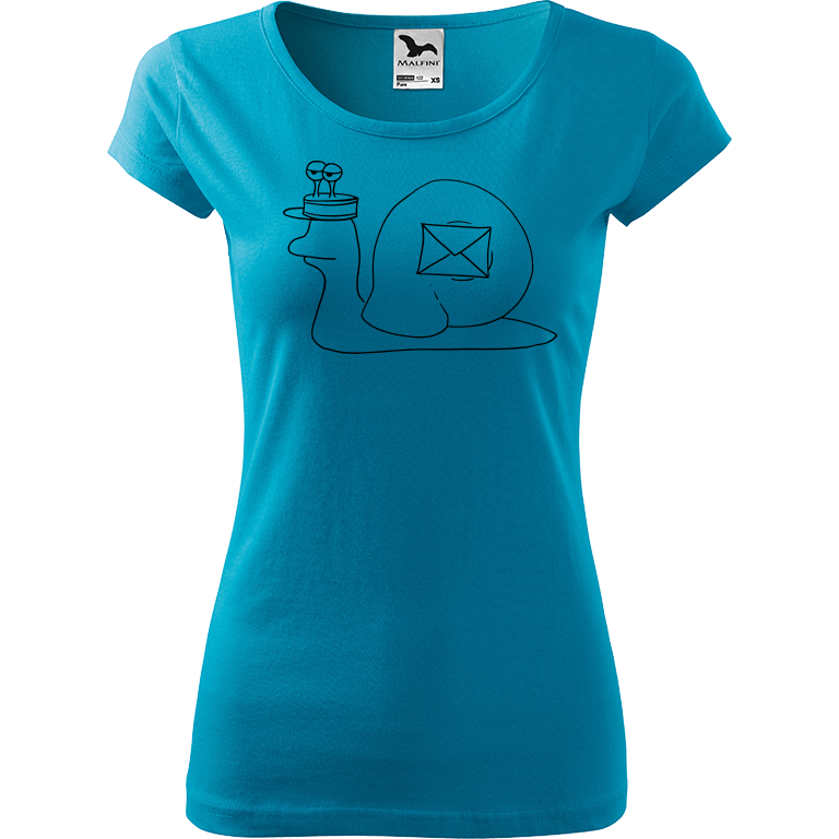 Ručně malované dámské triko Pure - Poštovní šnek Velikost trička: L, Barva trička: TYRKYSOVÁ, Barva motivu: ČERNÁ