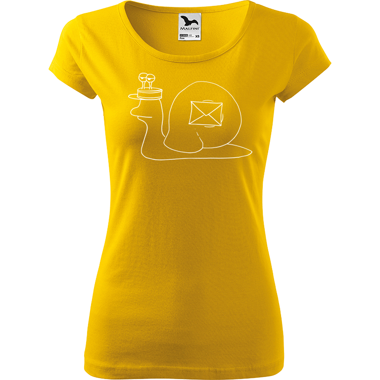 Ručně malované dámské triko Pure - Poštovní šnek Velikost trička: L, Barva trička: ŽLUTÁ, Barva motivu: BÍLÁ