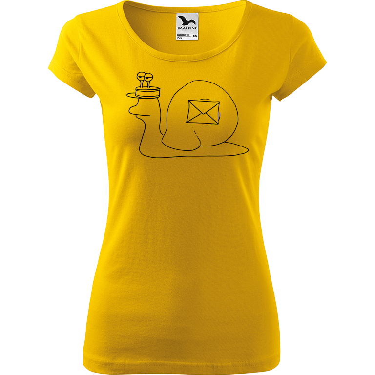 Ručně malované dámské triko Pure - Poštovní šnek Velikost trička: XL, Barva trička: ŽLUTÁ, Barva motivu: ČERNÁ