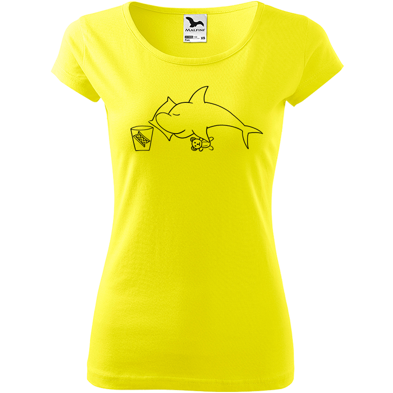 Ručně malované dámské triko Pure - Spící žralok Velikost trička: M, Barva trička: CITRONOVÁ, Barva motivu: ČERNÁ