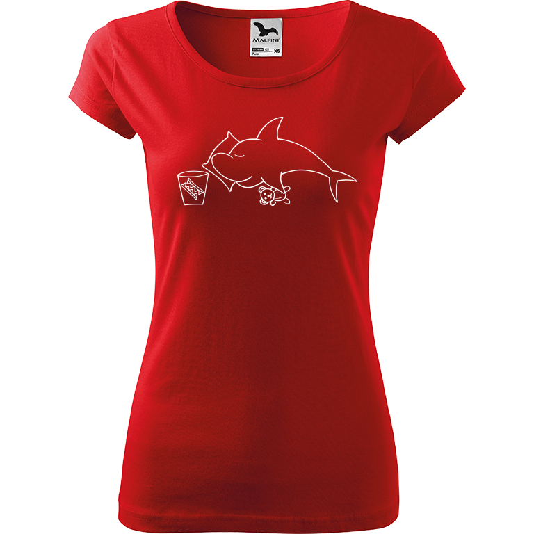 Ručně malované dámské triko Pure - Spící žralok Velikost trička: XL, Barva trička: ČERVENÁ, Barva motivu: BÍLÁ