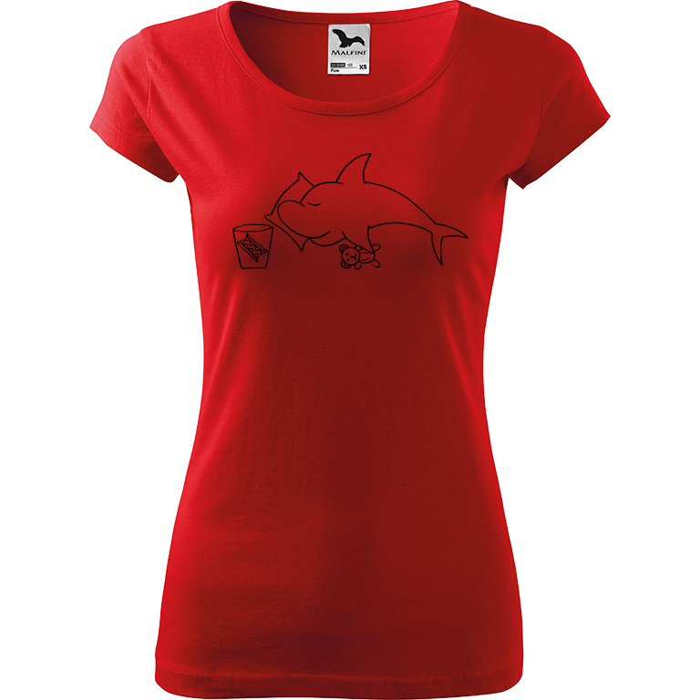 Ručně malované dámské triko Pure - Spící žralok Velikost trička: XS, Barva trička: ČERVENÁ, Barva motivu: ČERNÁ
