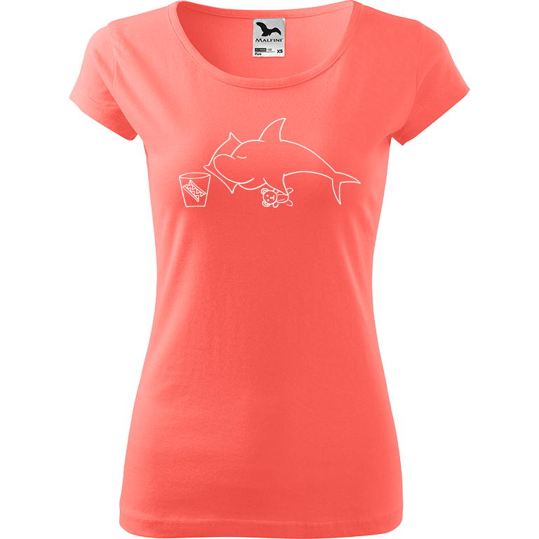 Ručně malované dámské triko Pure - Spící žralok Velikost trička: XL, Barva trička: KORÁLOVÁ, Barva motivu: BÍLÁ