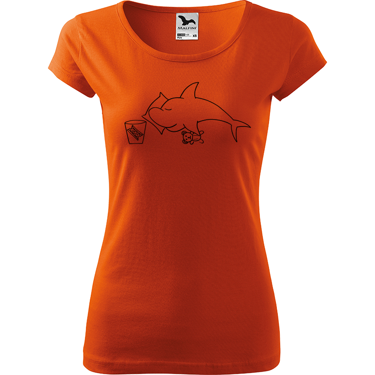 Ručně malované dámské triko Pure - Spící žralok Velikost trička: M, Barva trička: ORANŽOVÁ, Barva motivu: ČERNÁ