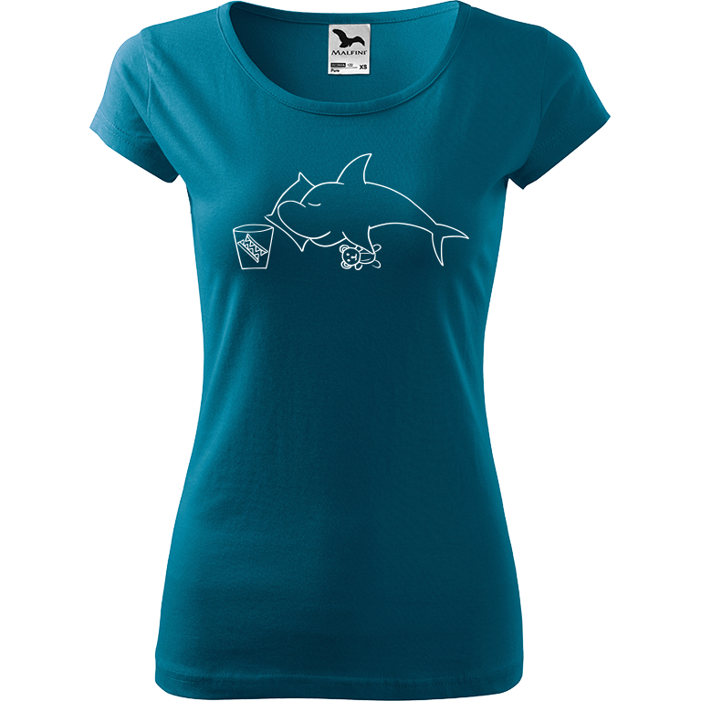 Ručně malované dámské triko Pure - Spící žralok Velikost trička: XL, Barva trička: PETROLEJOVÁ, Barva motivu: BÍLÁ