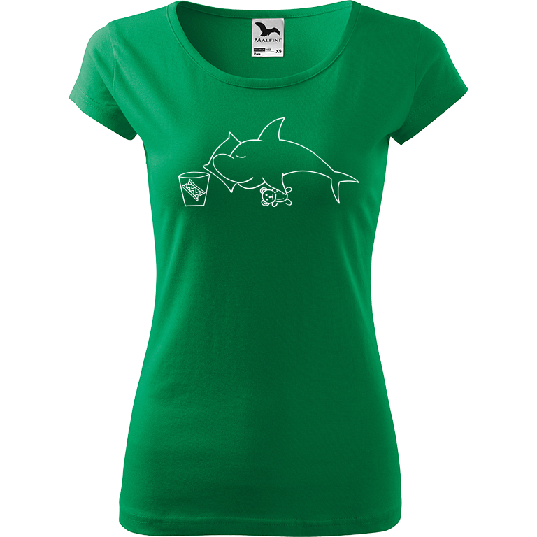 Ručně malované dámské triko Pure - Spící žralok Velikost trička: S, Barva trička: STŘEDNĚ ZELENÁ, Barva motivu: BÍLÁ