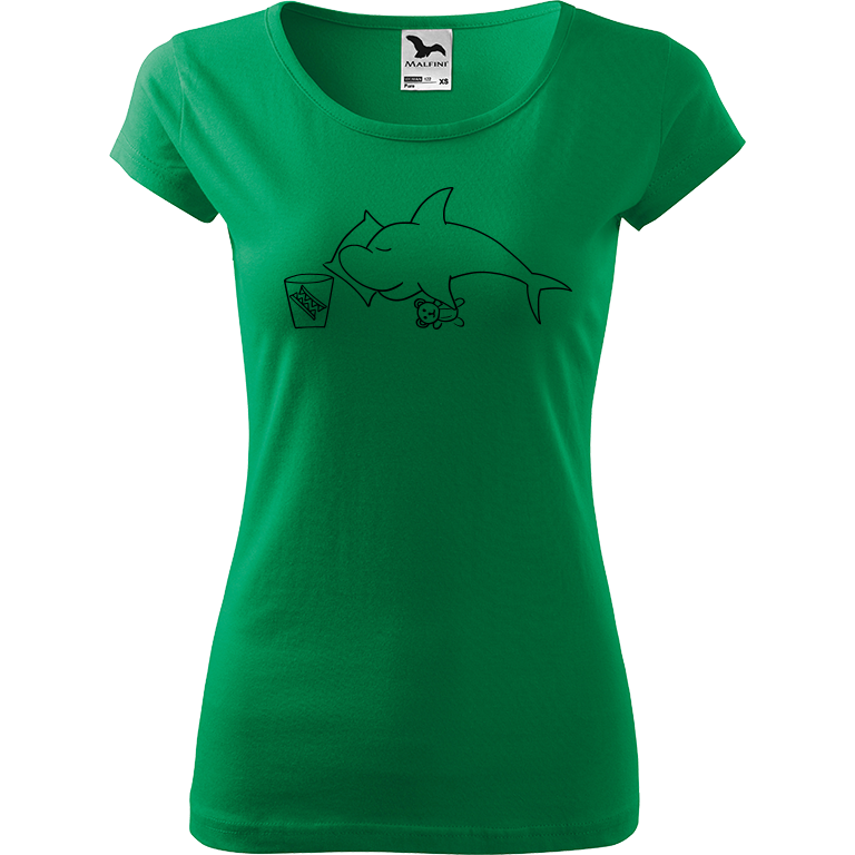 Ručně malované dámské triko Pure - Spící žralok Velikost trička: S, Barva trička: STŘEDNĚ ZELENÁ, Barva motivu: ČERNÁ