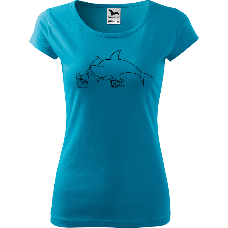 Ručně malované dámské triko Pure - Spící žralok Velikost trička: XS, Barva trička: TYRKYSOVÁ, Barva motivu: ČERNÁ