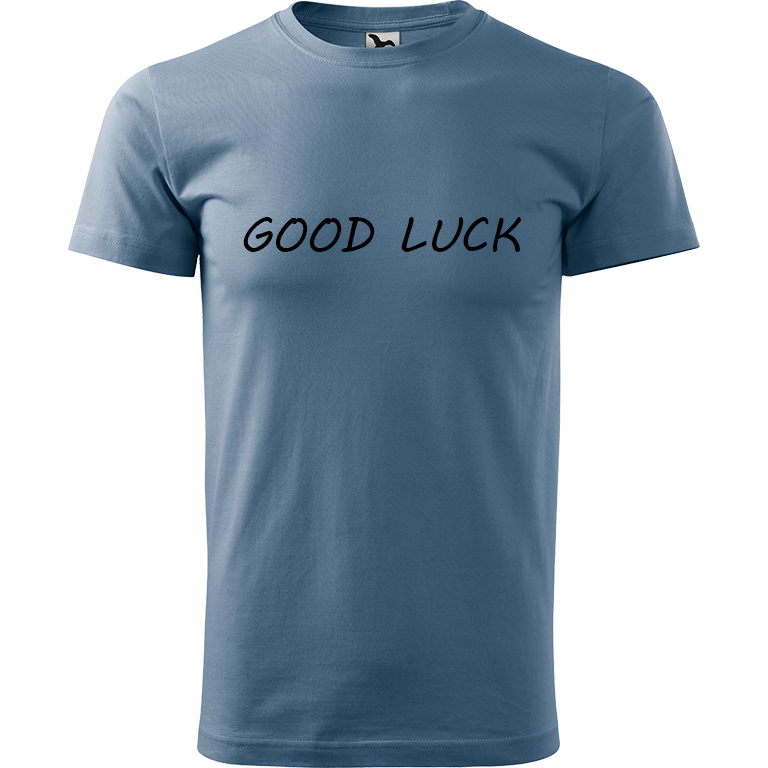 Ručně malované pánské triko Heavy New - Good Luck Velikost trička: XS, Barva trička: DENIM, Barva motivu: ČERNÁ