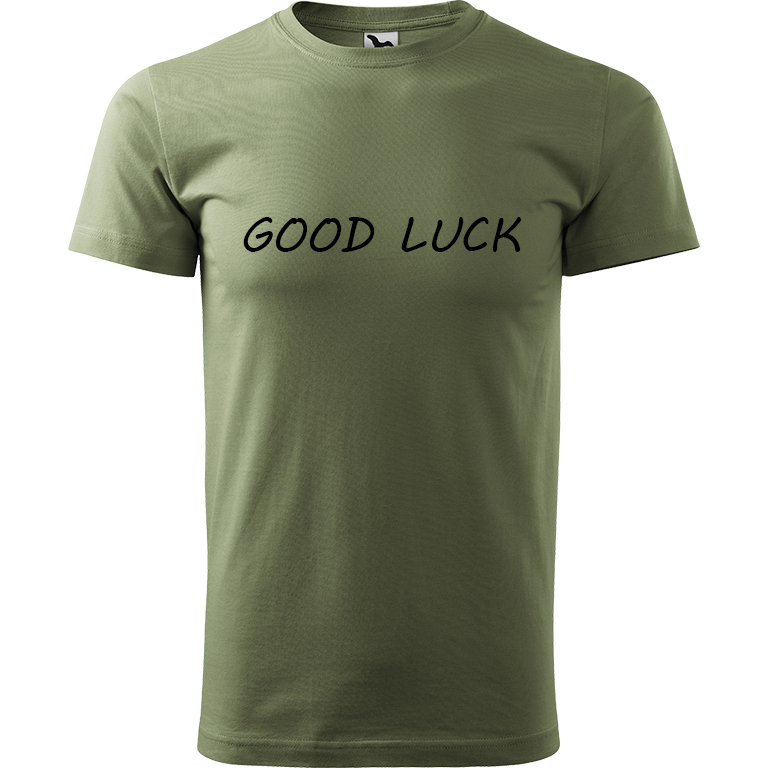 Ručně malované pánské triko Heavy New - Good Luck Velikost trička: XS, Barva trička: KHAKI, Barva motivu: ČERNÁ