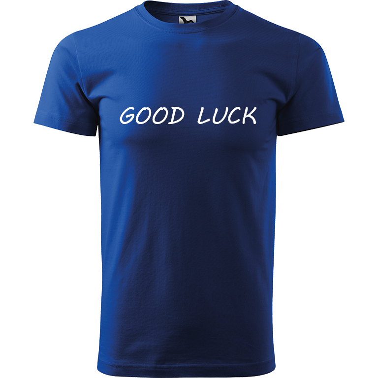 Ručně malované pánské triko Heavy New - Good Luck Velikost trička: XL, Barva trička: MODRÁ, Barva motivu: BÍLÁ