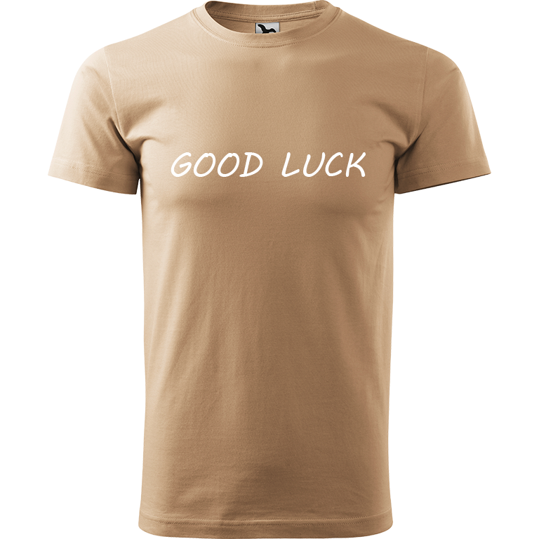 Ručně malované pánské triko Heavy New - Good Luck Velikost trička: XL, Barva trička: PÍSKOVÁ, Barva motivu: BÍLÁ