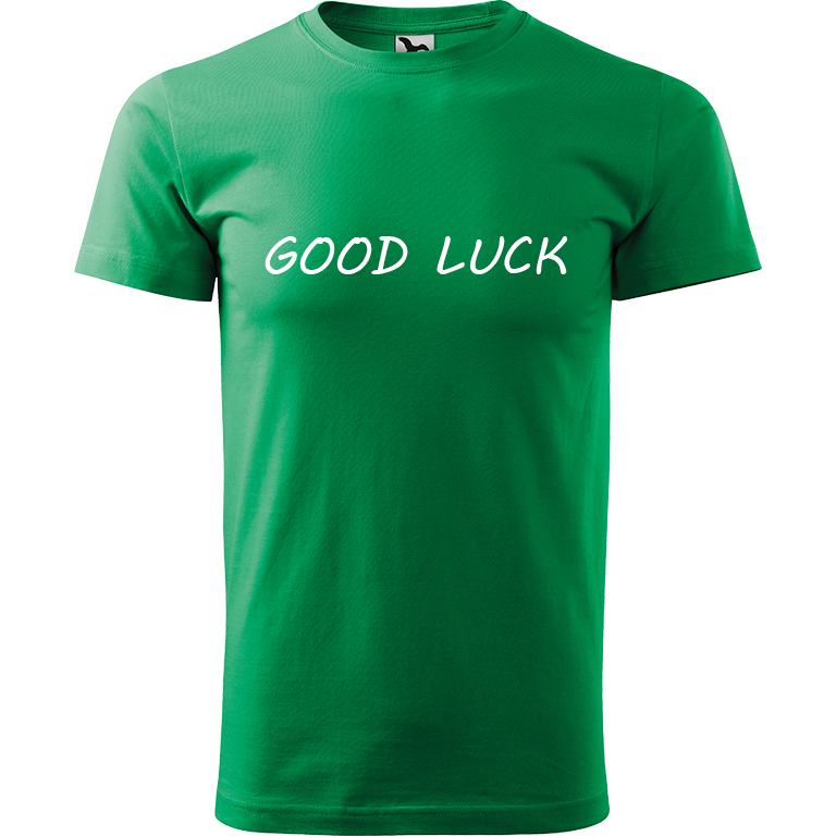 Ručně malované pánské triko Heavy New - Good Luck Velikost trička: S, Barva trička: STŘEDNĚ ZELENÁ, Barva motivu: BÍLÁ