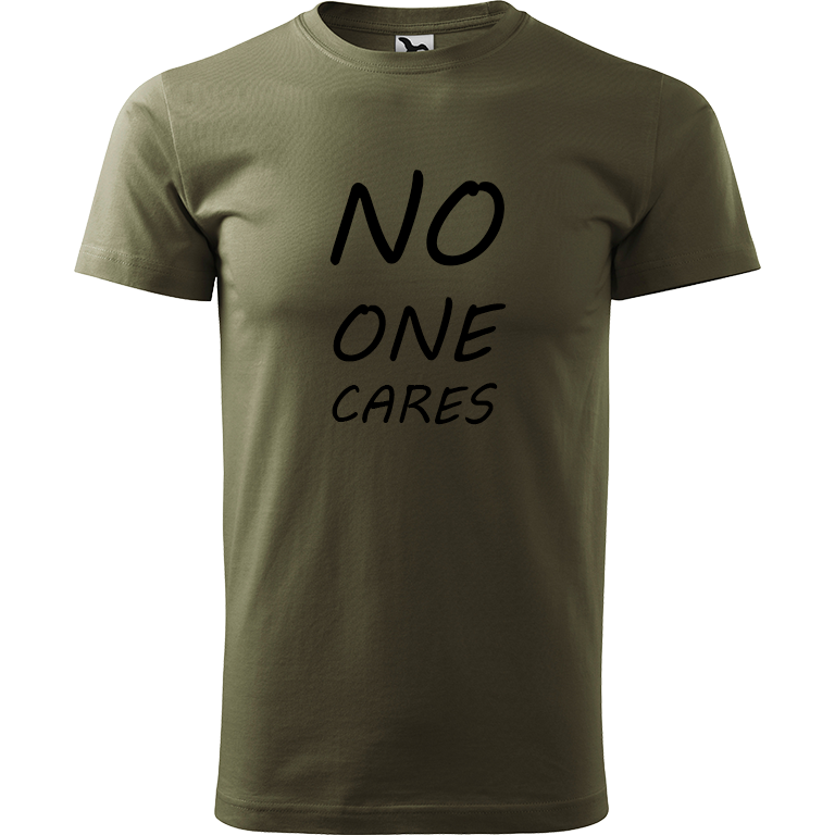 Ručně malované pánské triko Heavy New - No One Cares Velikost trička: S, Barva trička: ARMY, Barva motivu: ČERNÁ