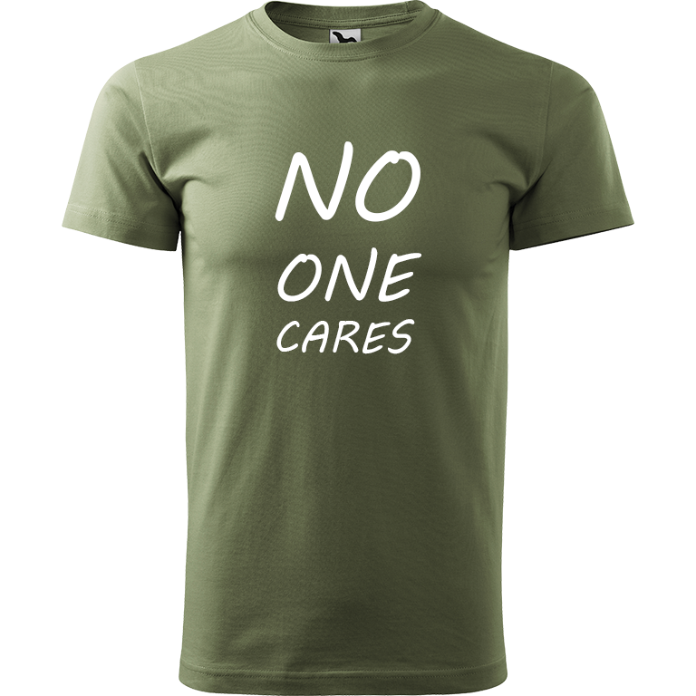 Ručně malované pánské triko Heavy New - No One Cares Velikost trička: XS, Barva trička: KHAKI, Barva motivu: BÍLÁ