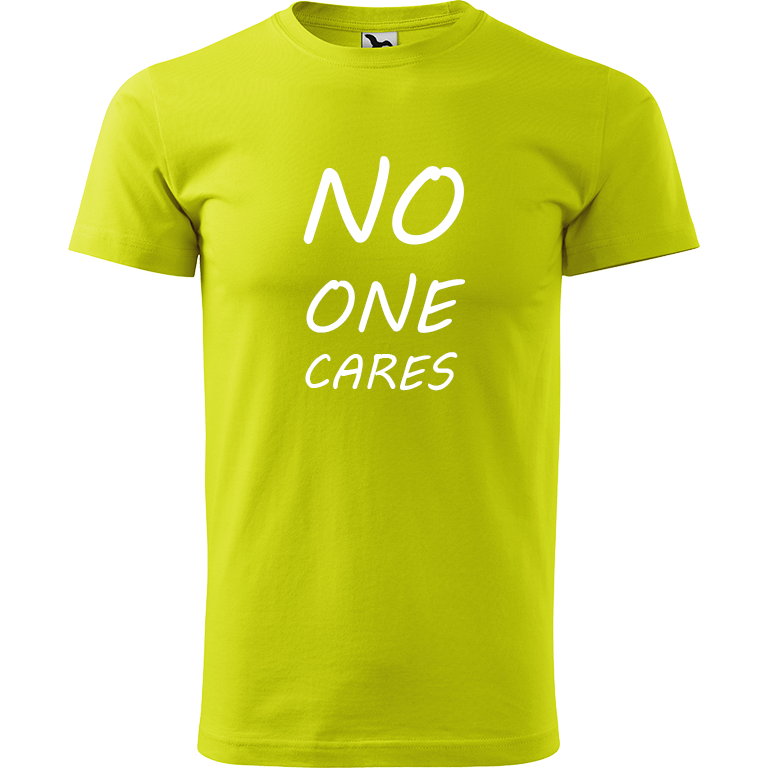 Ručně malované pánské triko Heavy New - No One Cares Velikost trička: L, Barva trička: LIMETKOVÁ, Barva motivu: BÍLÁ