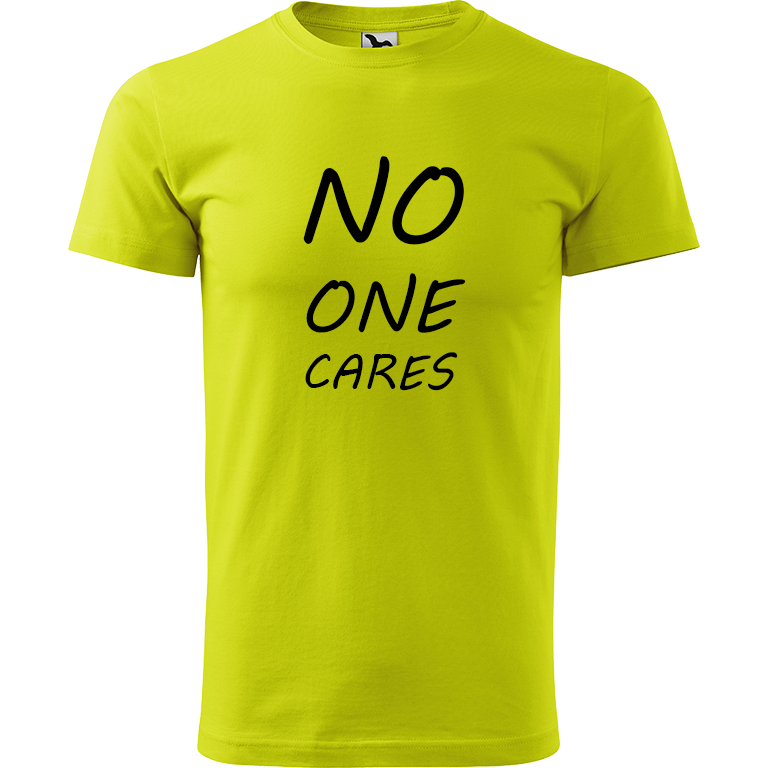 Ručně malované pánské triko Heavy New - No One Cares Velikost trička: L, Barva trička: LIMETKOVÁ, Barva motivu: ČERNÁ
