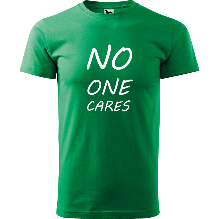 Ručně malované pánské triko Heavy New - No One Cares Velikost trička: XS, Barva trička: STŘEDNĚ ZELENÁ, Barva motivu: BÍLÁ