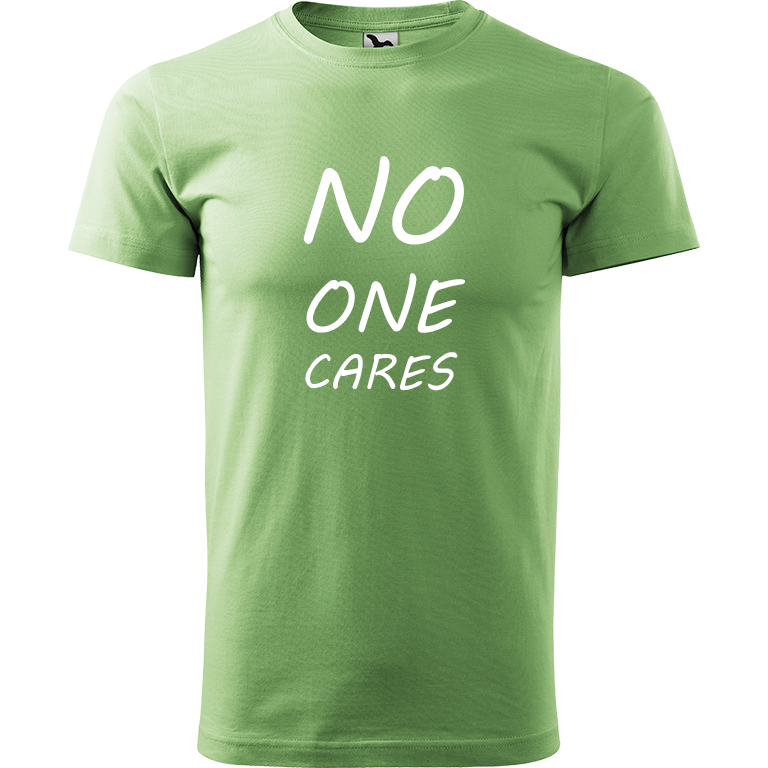 Ručně malované pánské triko Heavy New - No One Cares Velikost trička: XXL, Barva trička: TRÁVOVĚ ZELENÁ, Barva motivu: BÍLÁ