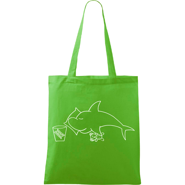 Ručně malovaná plátěná taška Handy - Spící žralok Barva tašky: ZELENÁ, Barva motivu: BÍLÁ