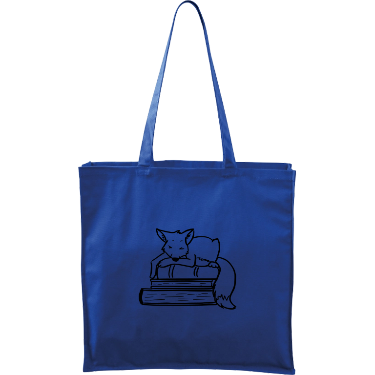 Ručně malovaná plátěná taška Carry - Liška na knihách Barva tašky: MODRÁ, Barva motivu: ČERNÁ