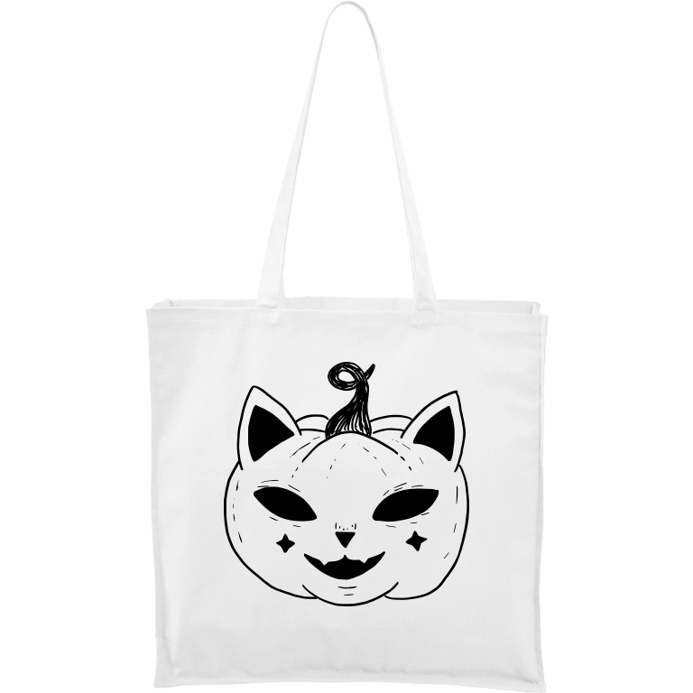 Ručně malovaná plátěná taška Carry - Halloween kočka - Dýně Barva tašky: BÍLÁ, Barva motivu: ČERNÁ