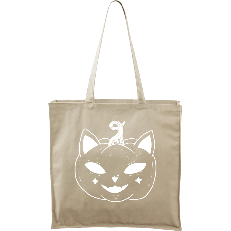 Ručně malovaná plátěná taška Carry - Halloween kočka - Dýně Barva tašky: PŘÍRODNÍ, Barva motivu: BÍLÁ