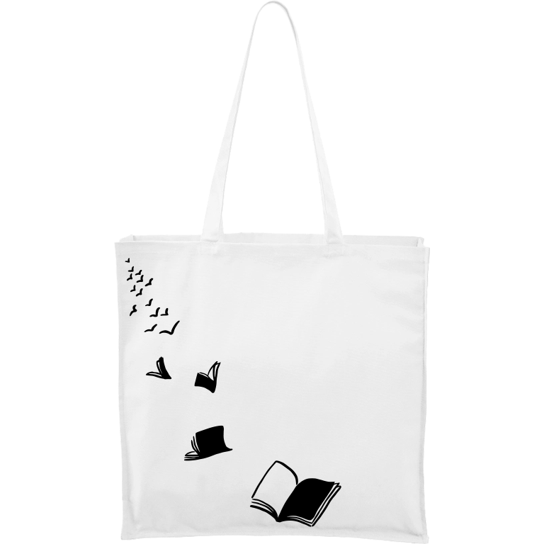 Ručně malovaná plátěná taška Carry - Knihy létající - 2 Barva tašky: BÍLÁ, Barva motivu: ČERNÁ