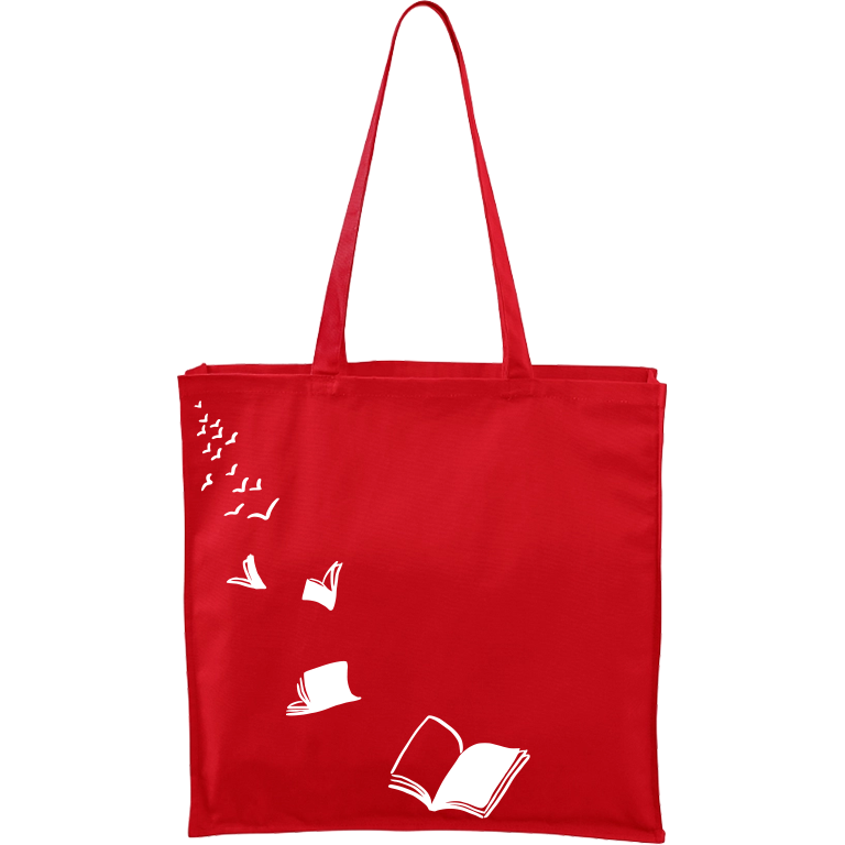Ručně malovaná plátěná taška Carry - Knihy létající - 2 Barva tašky: ČERVENÁ, Barva motivu: BÍLÁ