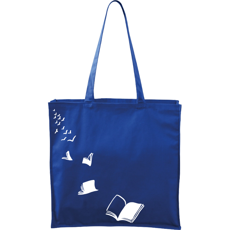Ručně malovaná plátěná taška Carry - Knihy létající - 2 Barva tašky: MODRÁ, Barva motivu: BÍLÁ