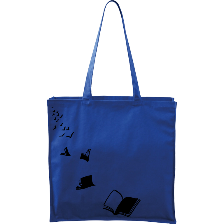 Ručně malovaná plátěná taška Carry - Knihy létající - 2 Barva tašky: MODRÁ, Barva motivu: ČERNÁ